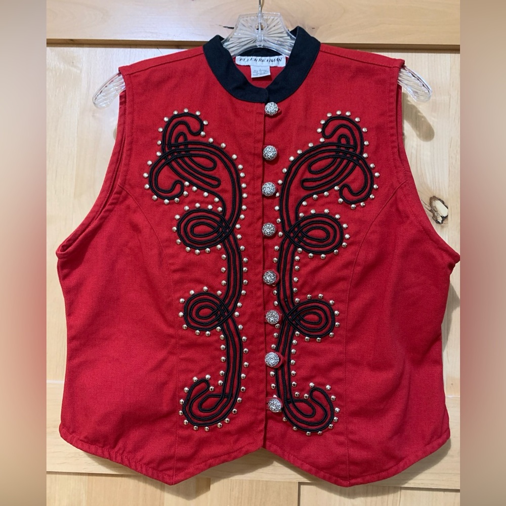 Ellen Richman Women's Red Denim Vest Studded, Western Style 90s Vintage Sz Large